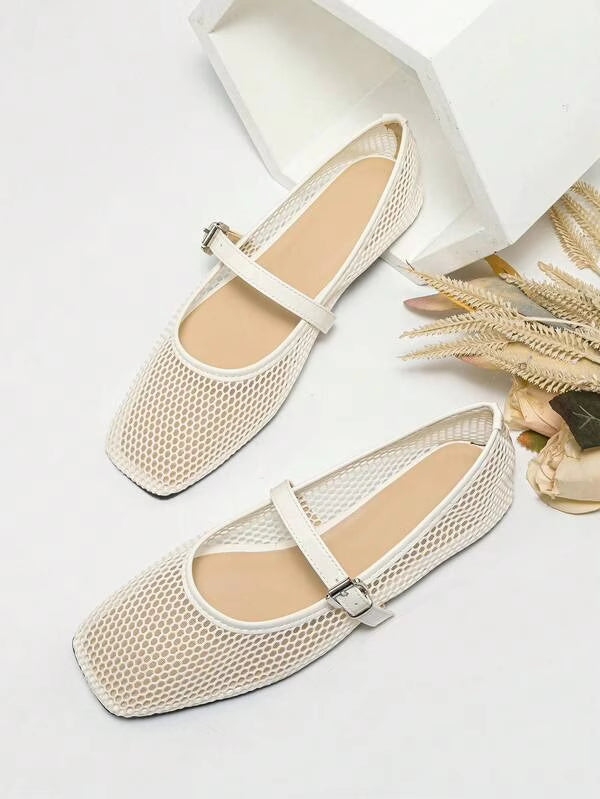 New Ballet Flats, Spring Women's Square Toe Flat Shoes, Solid Color Breathable Casual Sandals, Fashionable And Comfortable White Shoes